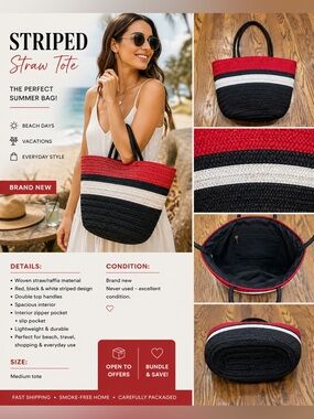 Striped Straw Tote Bag Red Black White Woven Summer Beach Handbags